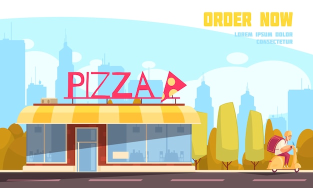 Colored flat pizzeria outdoor composition with order now headline and pizza store vector illustration