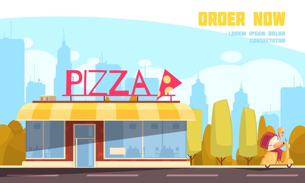 Цветная плоская пиццерия на открытом воздухе композиция с заголовком заказа сейчас и магазин пиццы векторная иллюстрация