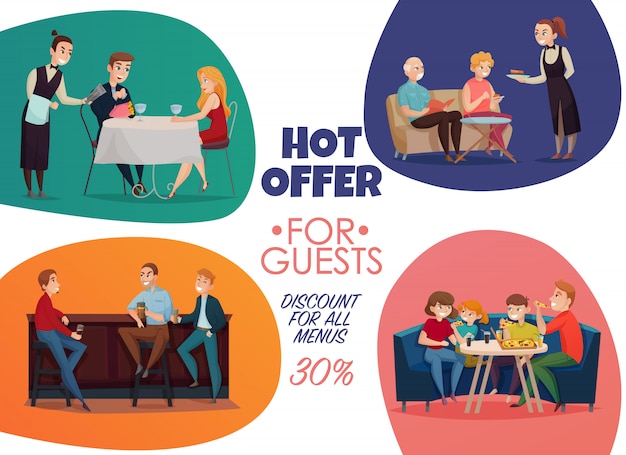 Free vector colored flat restaurant pub visitors poster with hot offer for guests discounts for all menus descriptions