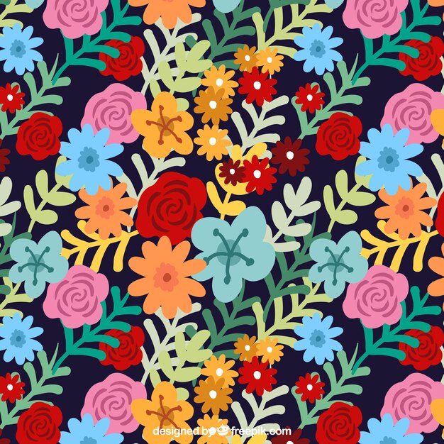 Colored flower pattern and leaves in vintage style