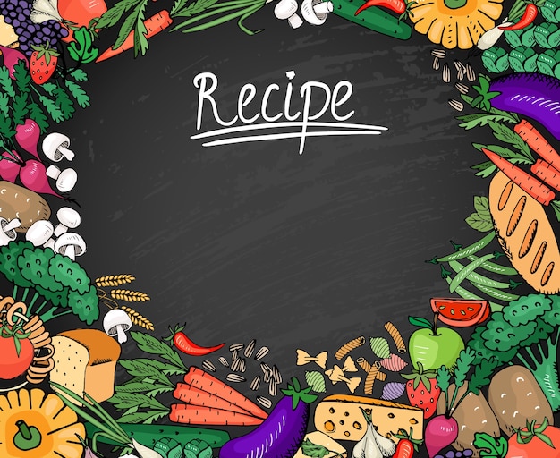 Цветные ингредиенты рецепта пищи, такие как овощной хлеб и специи, фон на черной доске