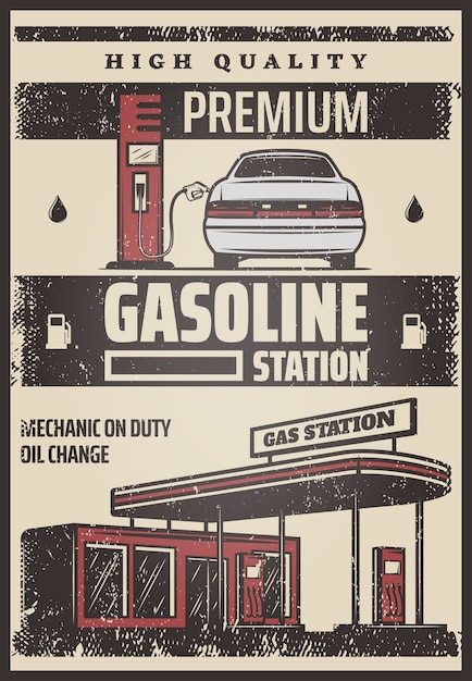 無料ベクター 碑文とビンテージスタイルの車の補充プロセスと色の燃料ステーションポスター