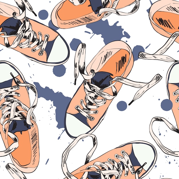 Free vector colored funky gumshoes fashion sneakers grunge style with ink splash seamless pattern vector illustration