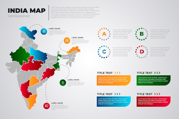 무료 벡터 밝은 배경에 색된 그라데이션 인도지도 infographic