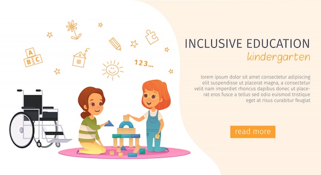 Free vector colored inclusion inclusive education banner with kindergarden description and read more button