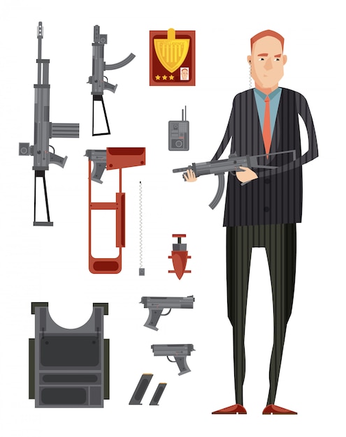 Colored intelligence agency group composition with isolated flat icon set with weapons and man in black vector illustration
