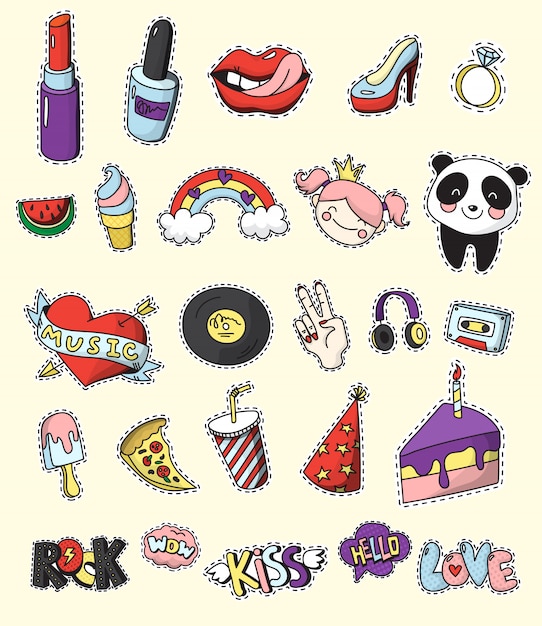 Free vector colored and isolated fashion patch badge set cartoon and 80s 90s comic style