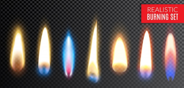 Free vector colored isolated realistic burning transparent icon set with different colors and shapes of flame  illustration