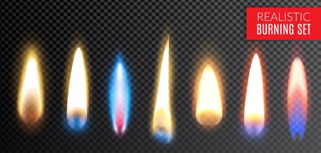 Colored isolated realistic burning transparent icon set with different colors and shapes of flame  illustration