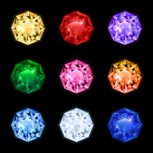 Colored and isolated realistic diamond gemstone icon set in round shapes and different colors