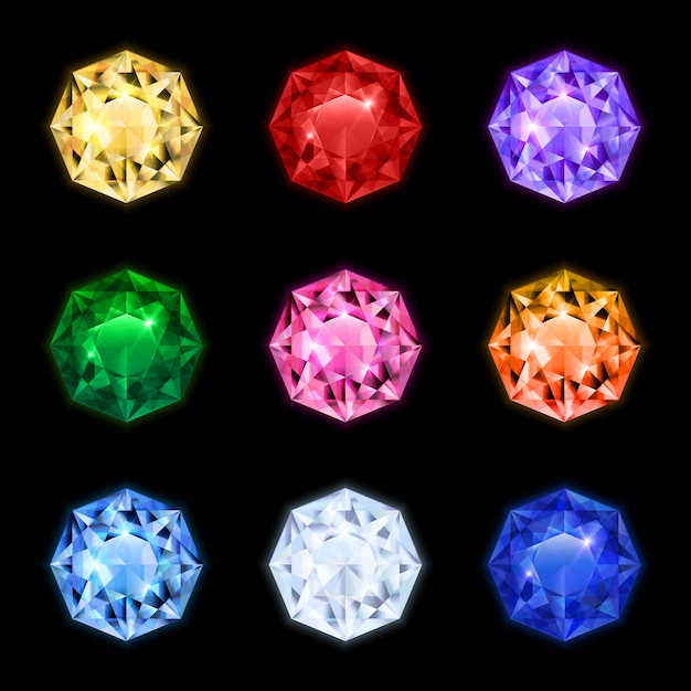 Colored and isolated realistic diamond gemstone icon set in round shapes and different colors