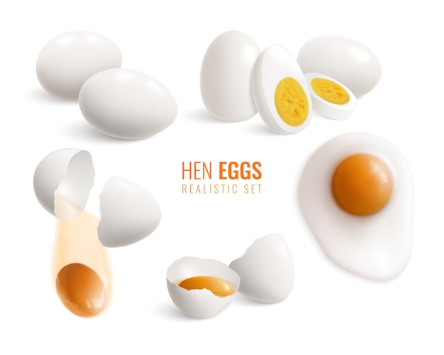 Free vector colored isolated and realistic hen eggs illustrations set with different cooking methods vector