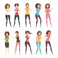 Free vector colored and isolated sickness woman retro cartoon icon set with different women vector illustration