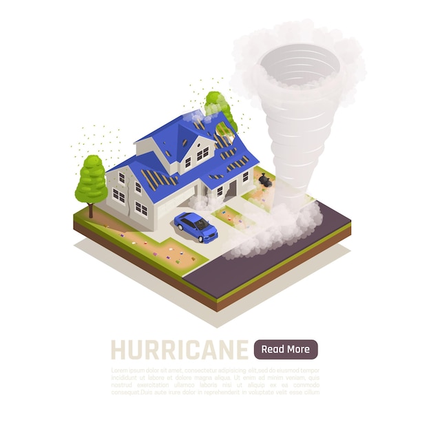 Цветной изометрический баннер, композиция стихийного бедствия с описанием урагана и иллюстрацией кнопки 