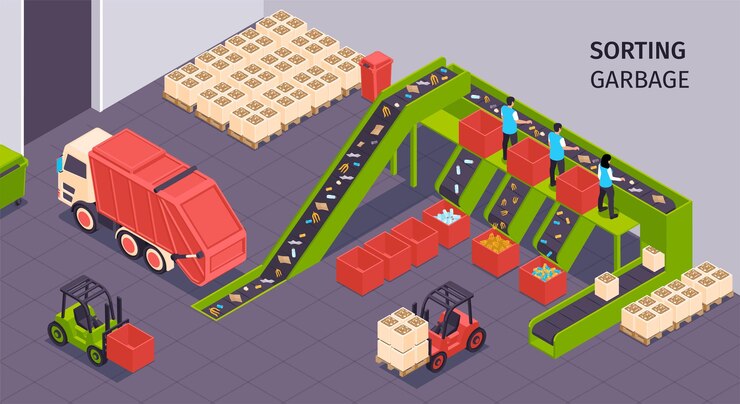 Free Vector colored and isometric garbage composition sorting garbage warehouse with workers and equipment vector illustration