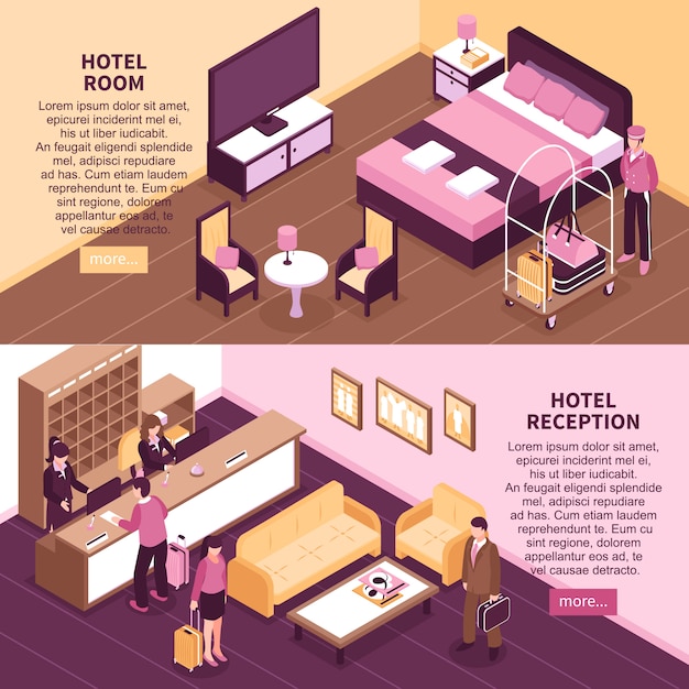 Free vector colored isometric hotel banner set