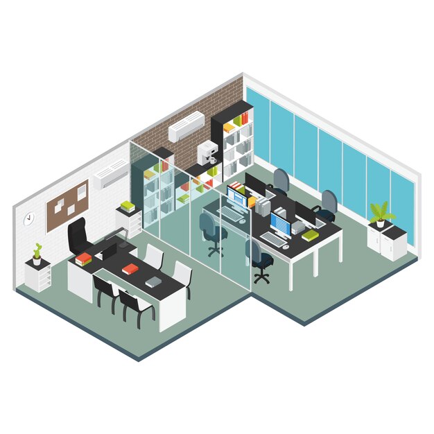 Colored isometric interior Office workplace two adjacent rooms office and meeting room