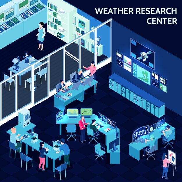 Vettore gratuito composizione di centro meteorologico meteorologico isometrica colorata con ufficio in stile open space