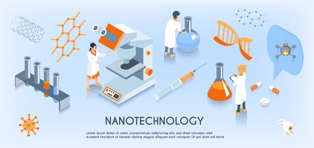 Colored isometric nanotechnology horizontal composition with scientist work in the laboratory