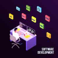 Free vector colored isometric programmers composition with software development description and man sit on work