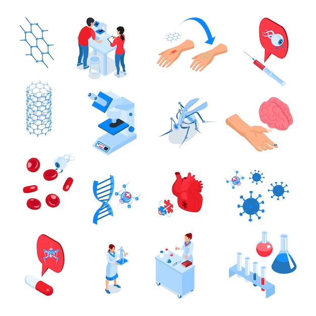 Colored isometric research laboratories icon set with elements and tools for future developments of science