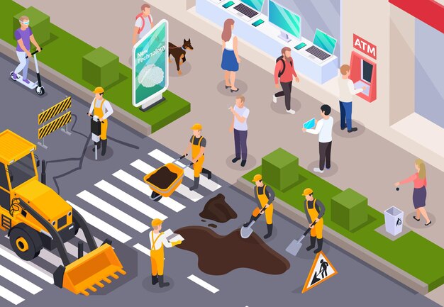 Colored and isometric road construction illustration