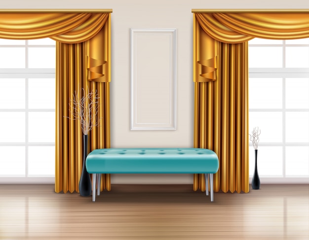 Colored luxury curtains realistic interior with golden curtain and blue soft bench  illustration