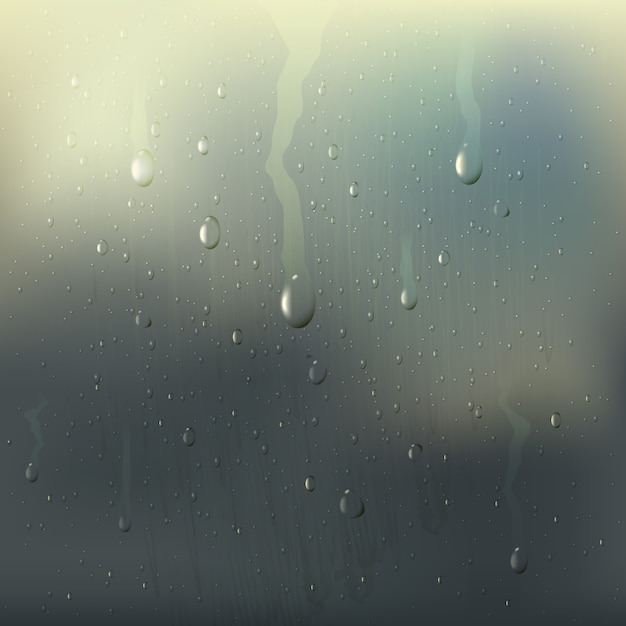 Colored misted wet glass drops realistic composition with rain stains on the window