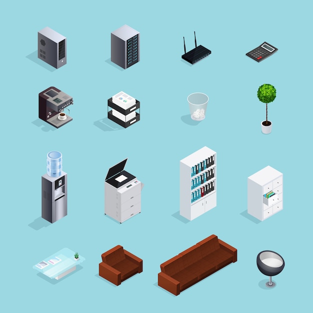 Free vector colored office supplies isometric icon set