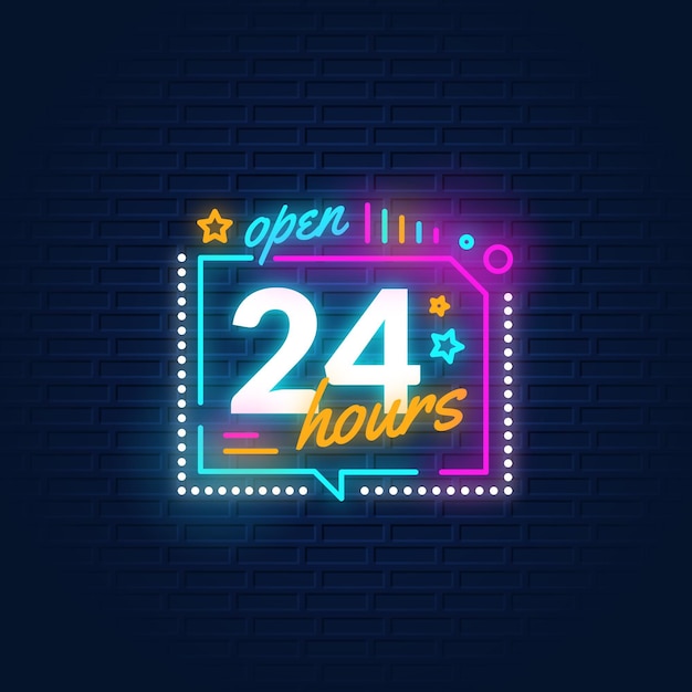 Free vector colored open 24 hours neon sign