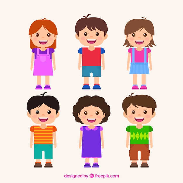 Free vector colored pack of six happy kids in flat design