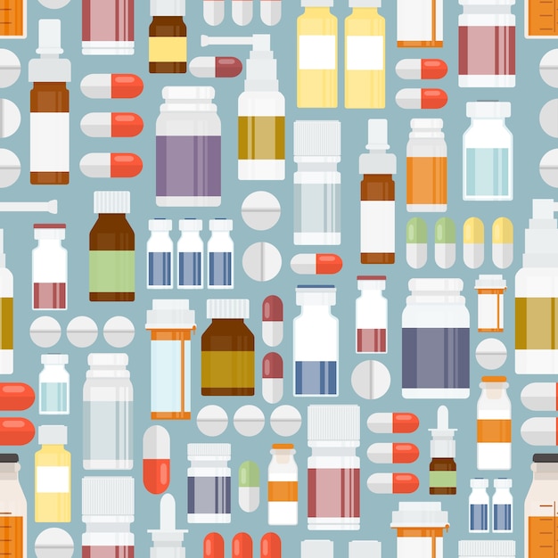 免费矢量彩色药丸和药物在无缝模式为背景设计。