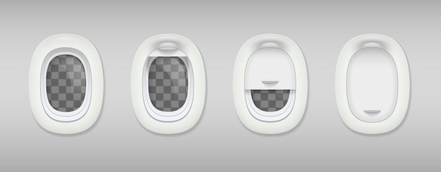 Colored porthole realistic composition four portholes in airplane closed and open