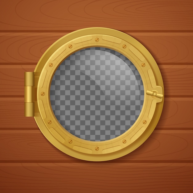 Free vector colored porthole realistic composition golden with transparent background and with wooden wall