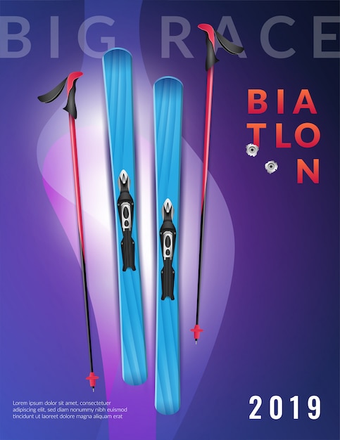 Manifesto verticale colorato viola realistico biathlon grande gara biathlon titolo e sci