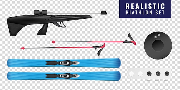 Vettore gratuito l'icona orizzontale trasparente colorata realistica di biathlon ha messo con la pistola e l'obiettivo di sci