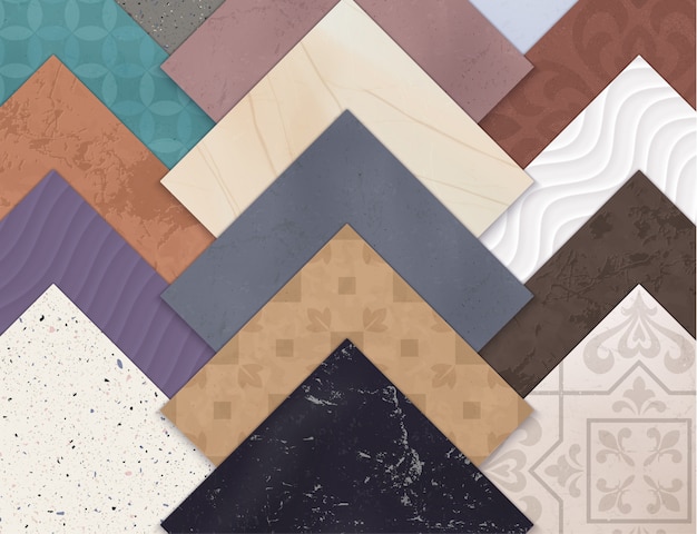 Vettore gratuito set di piastrelle colorate per pavimenti in ceramica realistica con quadrati di diversi tipi e stili di piastrelle