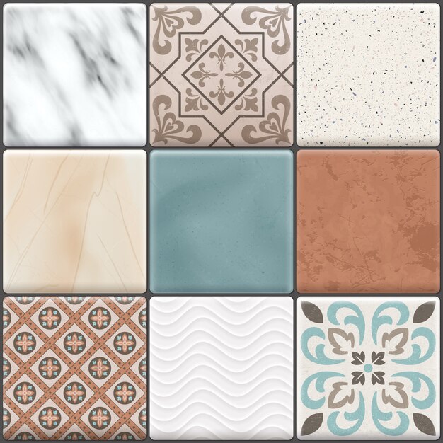 Colored realistic ceramic floor tiles icon set different types colors and patterns