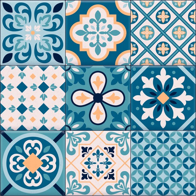 Colored and realistic ceramic floor tiles ornaments icon set for creation of different pattern