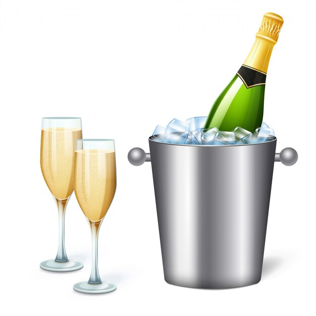 Colored realistic champagne bucket composition with cold champagne and two full glasses  illustration