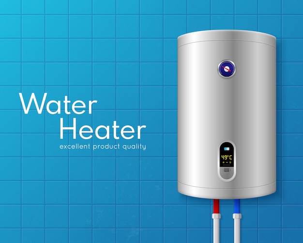 Free vector colored realistic electric water heater boiler illustration with big white headline and on light blue wall