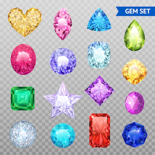 Colored realistic and isolated gemstones transparent icon set precious stones shimmer and shine 