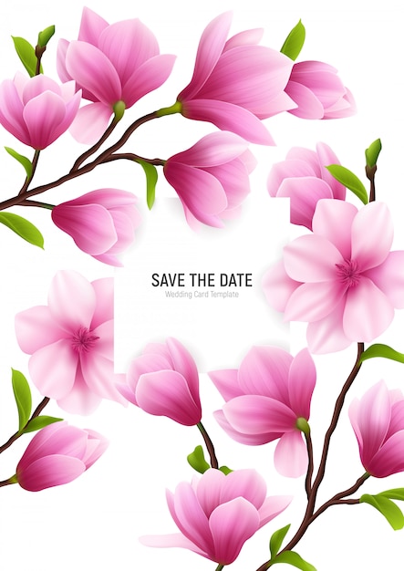 Free vector colored realistic magnolia flower frame with save the date headline and delicate pink flowers