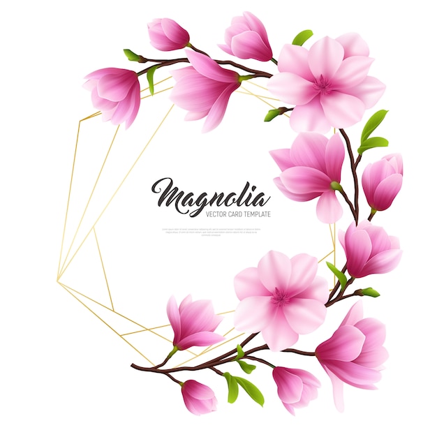 Illustrazione realistica colorata del fiore della magnolia con composizione dorata e rosa alla moda e bellezza