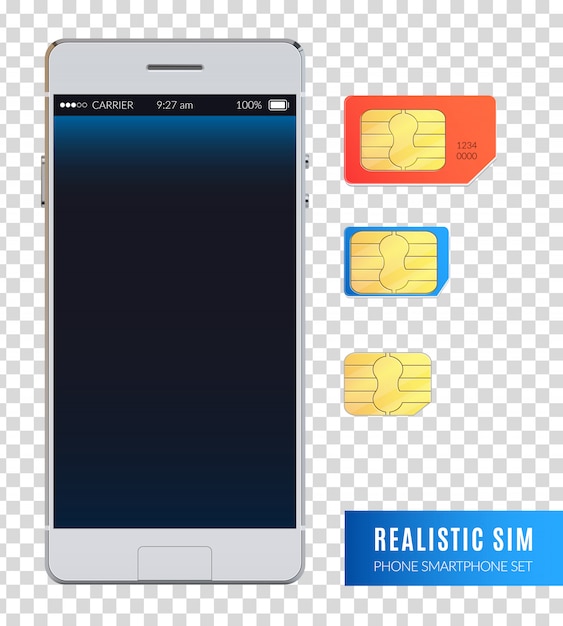 Colored and realistic sim phone smartphone icon set with various sizes of sim cards for device illustration