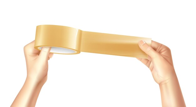 Colored and realistic sticky golden and shiny adhesive tape in hands composition