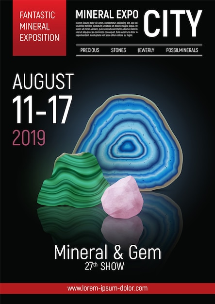 Free vector colored and realistic stone mineral expo poster with fantastic mineral exposition headline  illustration