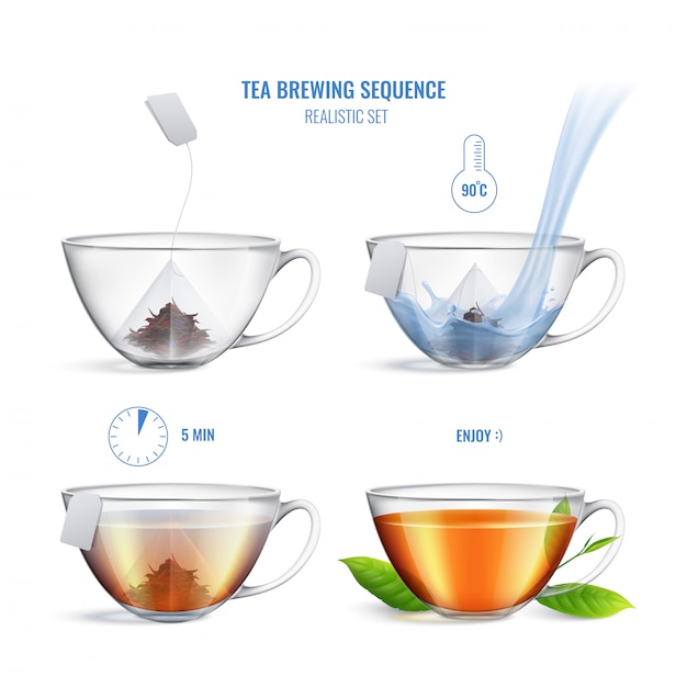 Free vector colored and realistic tea brewing sequence composition with four steps and instructions vector illustration