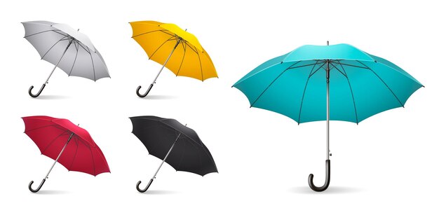 さまざまなサイズと色で設定された色付きのリアルな傘アイコン白、黄、赤、黒、水色のベクトル図