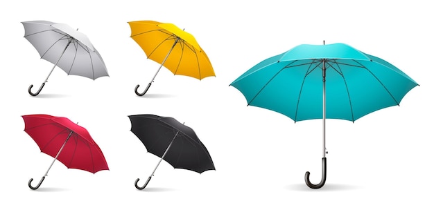 Colored realistic umbrella icon set with different sizes and colors white yellow red black and light blue vector illustration